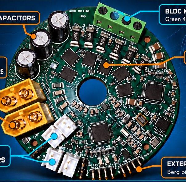 Dreambot circular BLDC driver board with capacitors, MOSFETs, power and K-Bus connectors