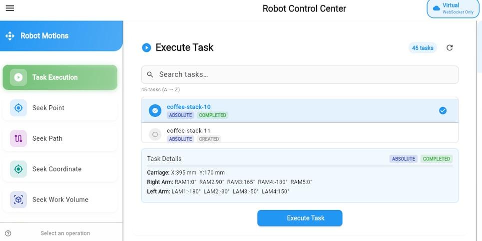 Robot Control Center execute-task screen listing robot tasks and task details