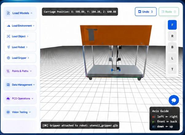 DREAMSCAPE robot application builder showing the SAM digital twin in a 3D workspace