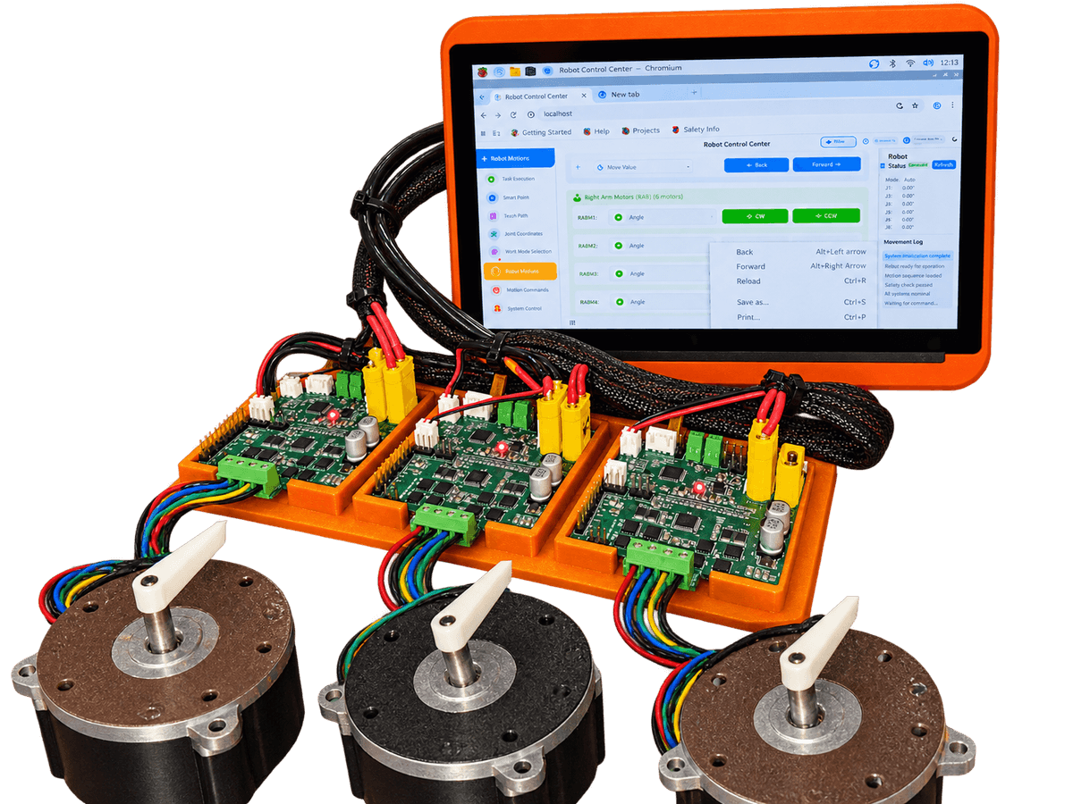 Dreambot motion kit: three driver boards wired to three motors, with Robot Control Center running on a touchscreen