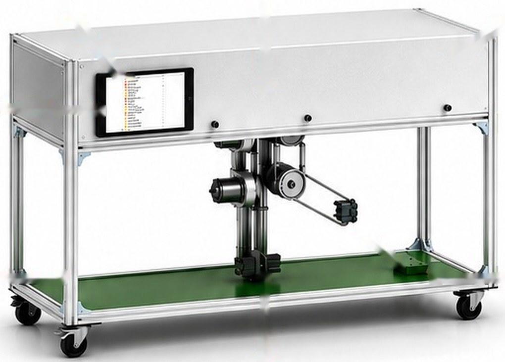 SAM product render: aluminium-frame workstation with touchscreen and overhead sliding arm
